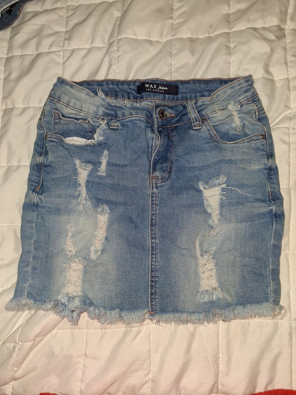 Wax Jean Light Blue Distressed Denim Mini Skirt